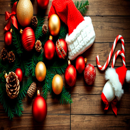 christmas decoration on wooden background with santa hat and christmas ballsの写真素材
