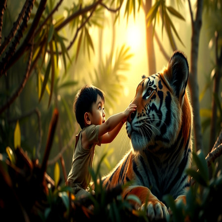 Little boy play with tiger in the forest at sunset time, animal conceptの写真素材