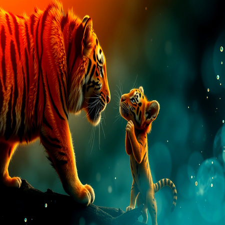 Tiger and tiger cub on a background of the night sky.の写真素材