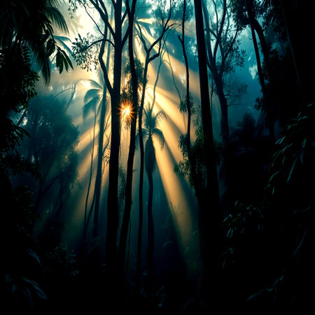 Tropical forest with sun rays and fog. Nature background.の写真素材