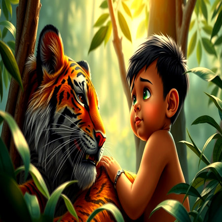 Little boy and tiger in the jungle,3d rendering. Computer digital drawing.の写真素材