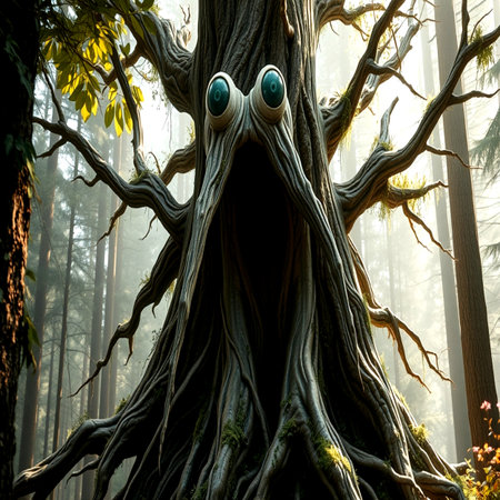 Fantasy tree in the forest with eyes in the shape of a monsterの写真素材