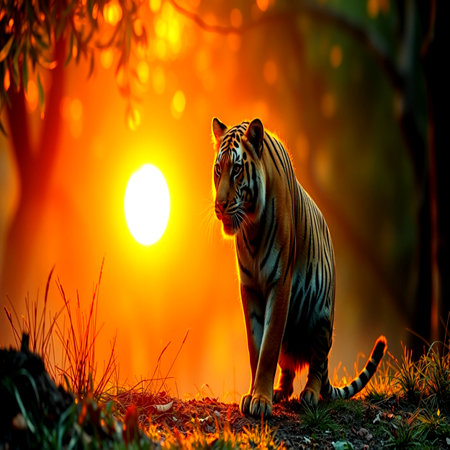 Tiger at sunset in the jungle. (Panthera tigris)の写真素材
