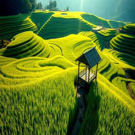 Green Terraced Rice Field in Mu Cang Chai, YenBai, Vietnamの写真素材