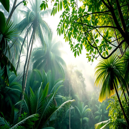 Tropical forest in the morning with sunbeams and fogの写真素材
