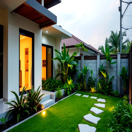 Beautiful luxury house exterior with garden and walkway at sunset timeの写真素材
