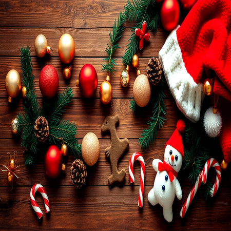 Christmas decoration on wooden background. Top view with copy space. Flat layの写真素材