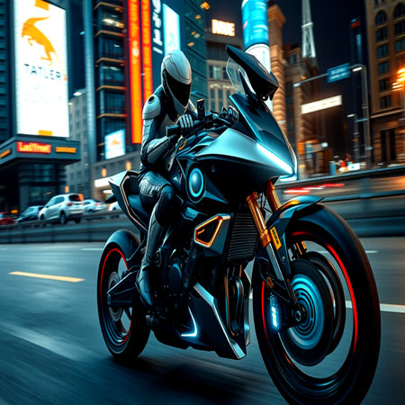 Motorcycle on the road in a big city. 3d renderingの写真素材