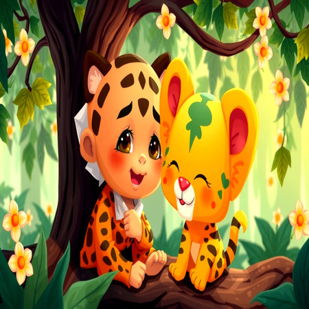 cartoon scene with baby in the jungle illustration for childrenの写真素材