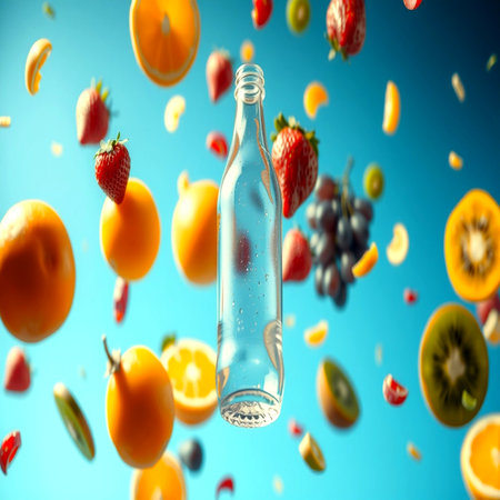Falling fruits and bottle of water on blue background. 3d renderingの写真素材