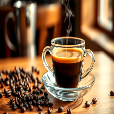 Coffee cup and coffee beans on wooden table. Coffee backgroundの写真素材