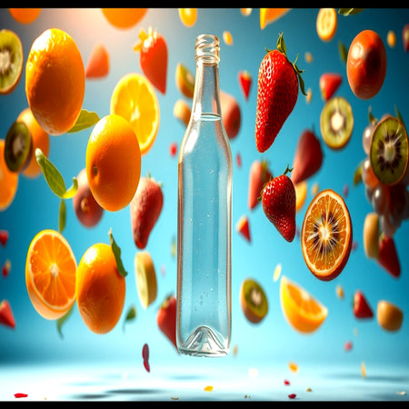 Falling fruits and bottle of water on blue background. 3d renderingの写真素材