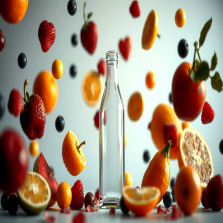 Bottle of water with fruits and berries falling on the table.の写真素材