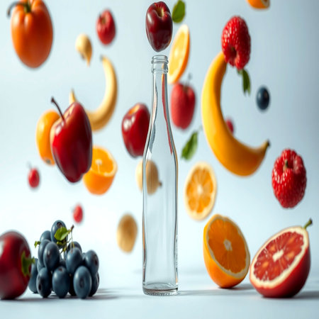 Bottle of water with fruits and vegetables falling on white background.の写真素材