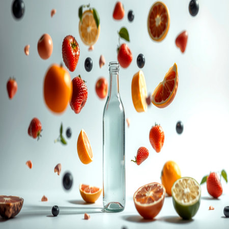 bottle of water with falling fruits and berries on a white backgroundの写真素材