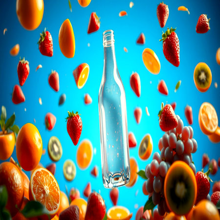 Bottle of water with falling fruits and berries on blue background.の写真素材
