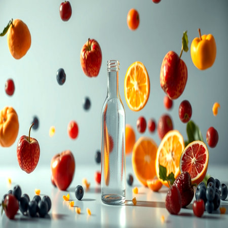 Fresh fruits falling into bottle of water on grey background, closeupの写真素材