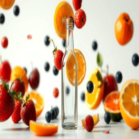 Bottle of water with falling fruits on white background, closeup