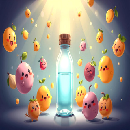 Funny kawaii fruits and bottle with water. Vector illustrationの写真素材
