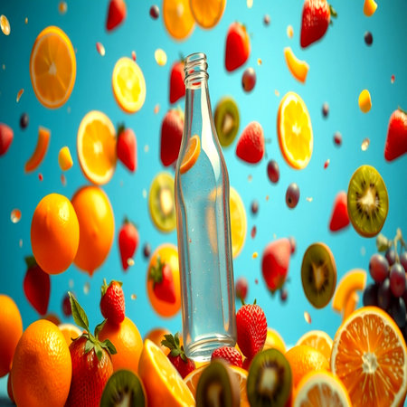 Bottle of water with flying fruits and berries on blue background.の写真素材