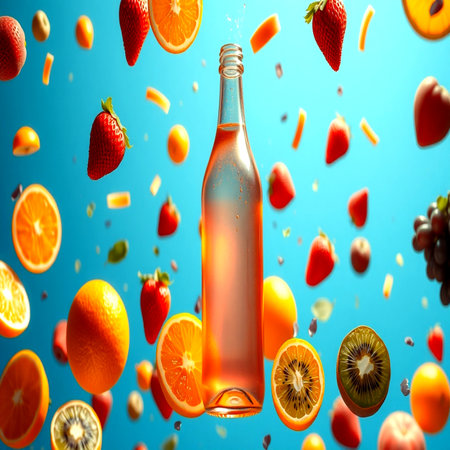 Bottle with falling fruits and splashes on blue backgroundの写真素材