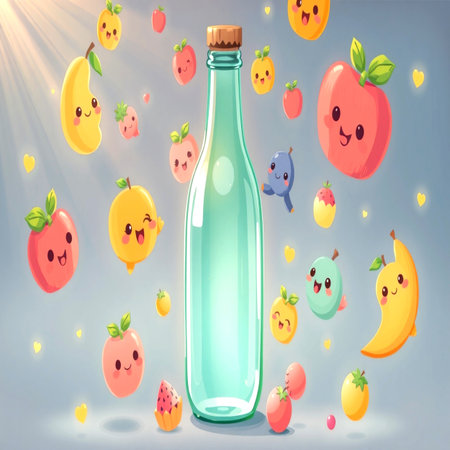 Cute cartoon fruit bottle. Vector illustration of kawaii character.の写真素材
