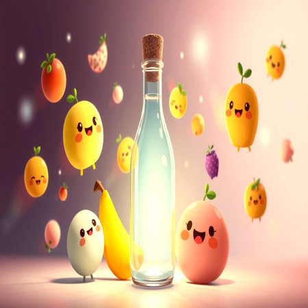 funny kawaii fruits with bottle of water 3d renderingの写真素材