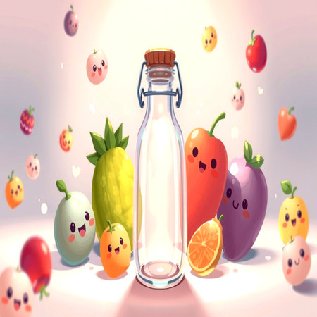 Funny kawaii fruits and milk bottle. Vector illustration.の写真素材