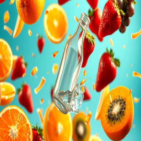 Bottle of water with fruits falling on blue background. 3d renderingの写真素材