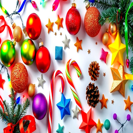 Christmas composition. Christmas toys, fir tree branches, candies on white background. Flat lay, top view, copy spaceの写真素材