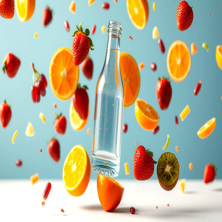Bottle of water with falling fruits on blue background. Concept of healthy lifestyle.の写真素材