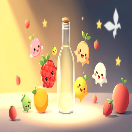kawaii fruits and bottle of lemonade. 3d renderingの写真素材