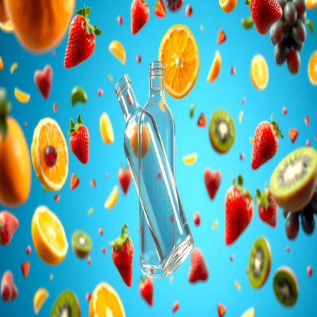 Falling fruits and bottle on blue background. 3d rendering.の写真素材