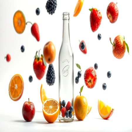 Bottle of water with falling fruits and berries on white background.の写真素材