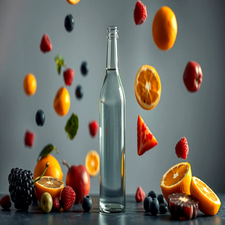 Bottle of water with falling fruits and berries on grey background.の写真素材
