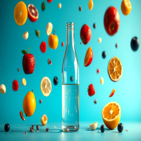Bottle of water with falling fruits on blue background. Concept of healthy lifestyle.の写真素材