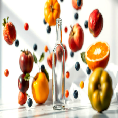 Bottle with fruits and vegetables on white background, closeupの写真素材