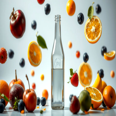 Bottle of water with fresh fruits and berries falling on white backgroundの写真素材