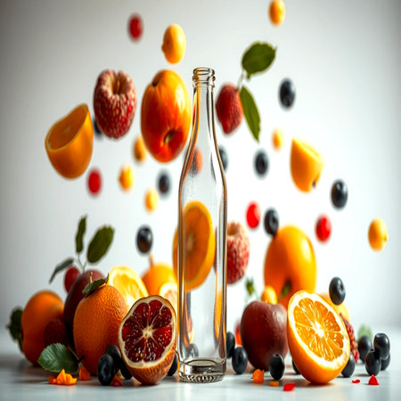 Bottle with falling fruits and berries on white background.の写真素材