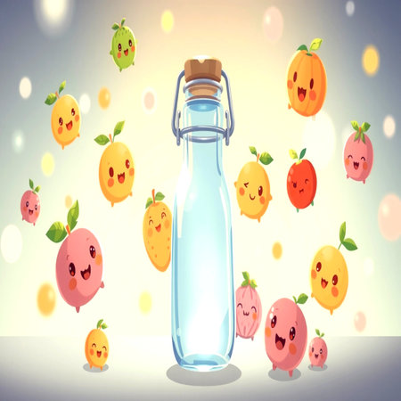 Fruit juice in a bottle with cartoon characters. Vector illustration.の写真素材