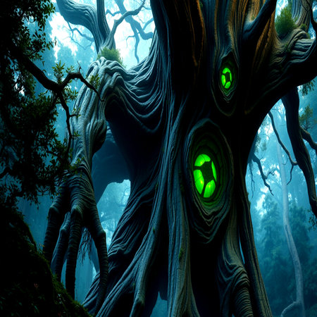Fantasy landscape with a big tree and a green light in the forest