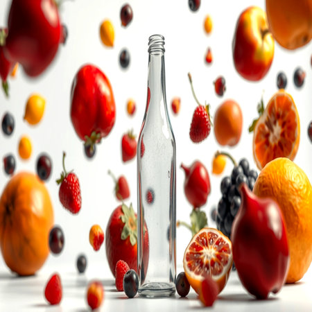 Bottle of water with falling fruits and berries on white background.の写真素材