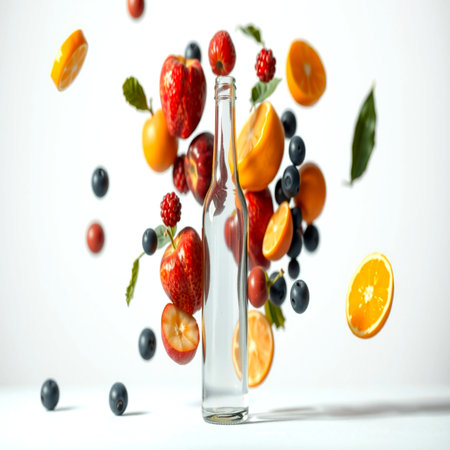 Bottle of water with falling fruits and berries on white background.の写真素材