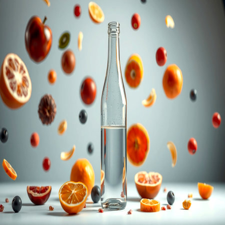Bottle of water with falling fruits on grey background. Concept of healthy lifestyleの写真素材