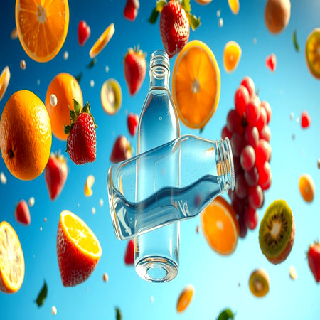 Falling water bottle with fruits on blue background. 3d renderingの写真素材