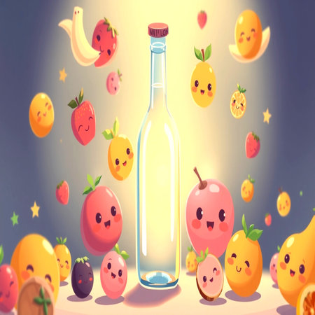 Fruit and bottle of water with cute cartoon characters. Vector illustration.の写真素材