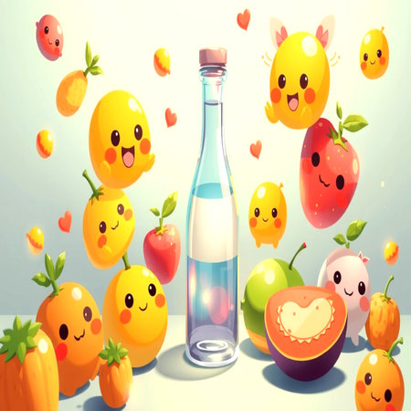 illustration of a cute water bottle with fruits and vegetables in the backgroundの写真素材