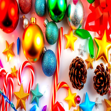 Christmas background with colorful baubles, ribbons and candiesの写真素材