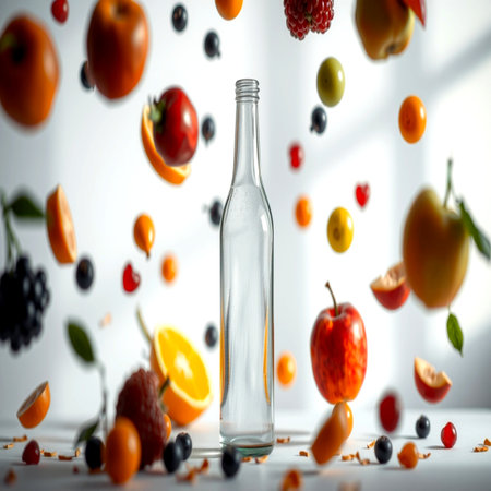 Glass bottle of water with flying fruits and berries on white background.の写真素材
