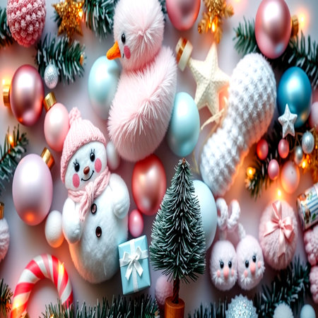 Christmas or New Year background with snowman, toys and fir tree